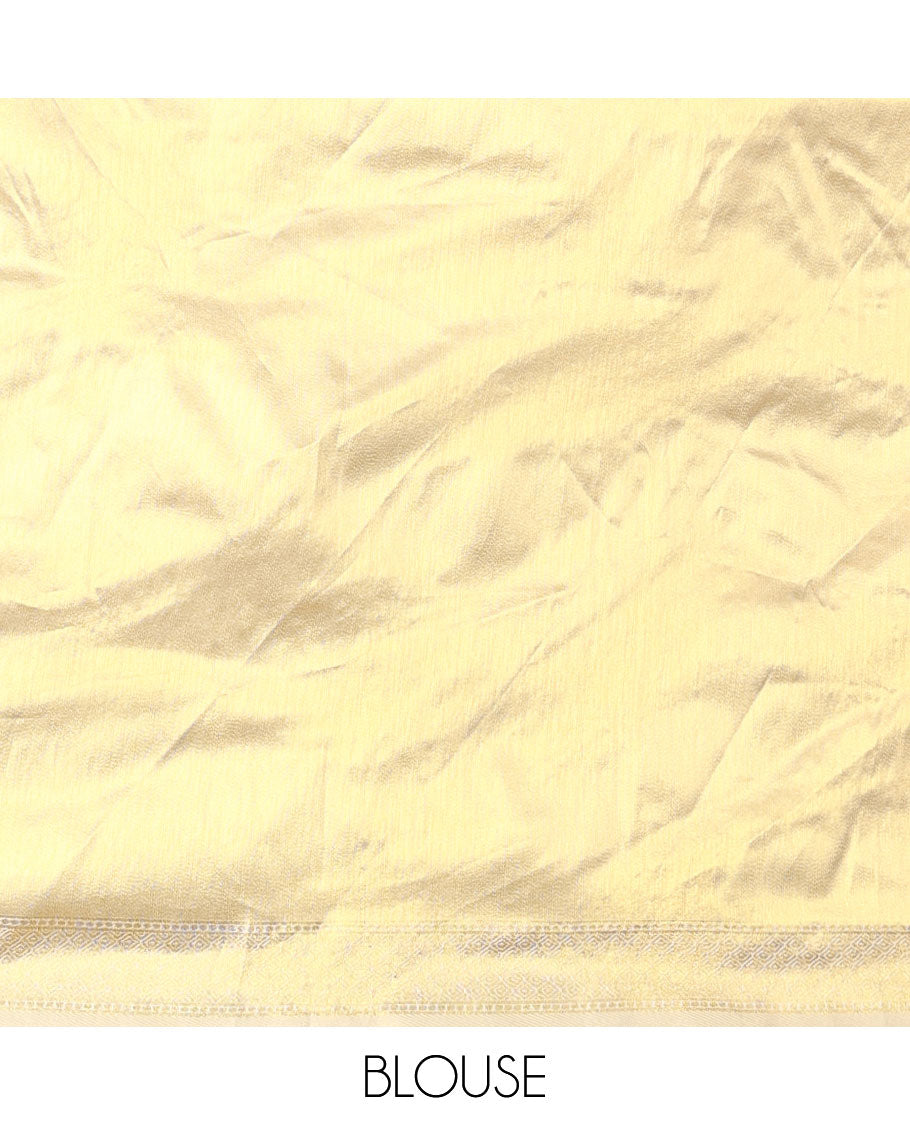 Green art-silk half-saree, plain with contrast bordered skirt, contrast blouse, and a scallop stone work dhavani