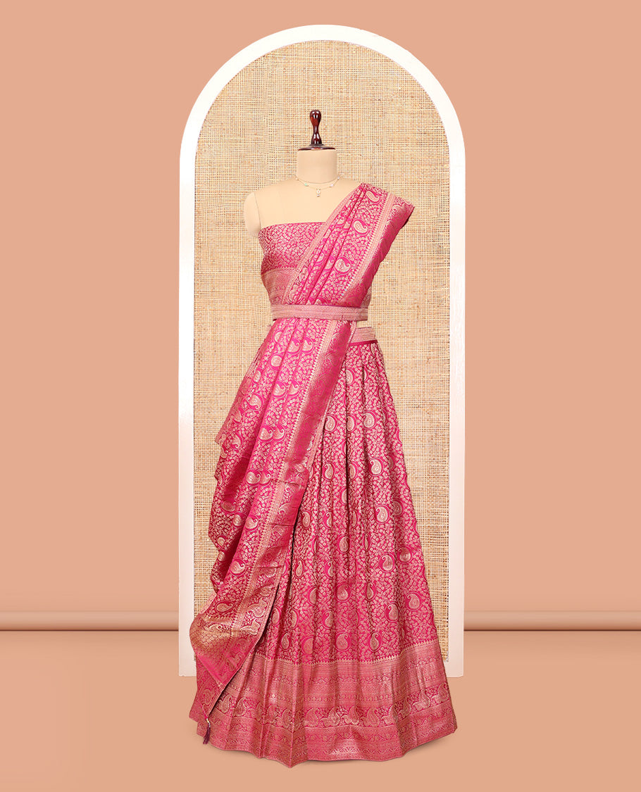 Pink Banarasi Half-Saree, Artfully Detailed with Jacquard Design Skirt, a Traditional Border, Matching Blouse, and Intricately Designed Dupatta