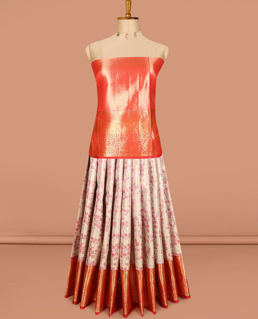 Peach art silk half saree, meenakari floral jacquard with contrast traditional zari border jacquard contrast blouse, and zari woven dhavani