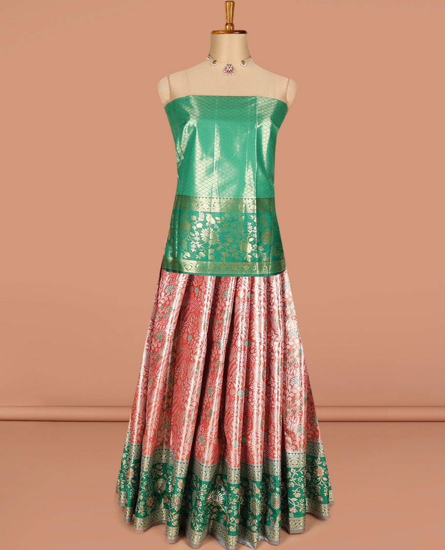 Red art silk half-saree pavadai material, floral jacquard with contrast traditional border skirt, jaal jacquard blouse, and zari design dhavani