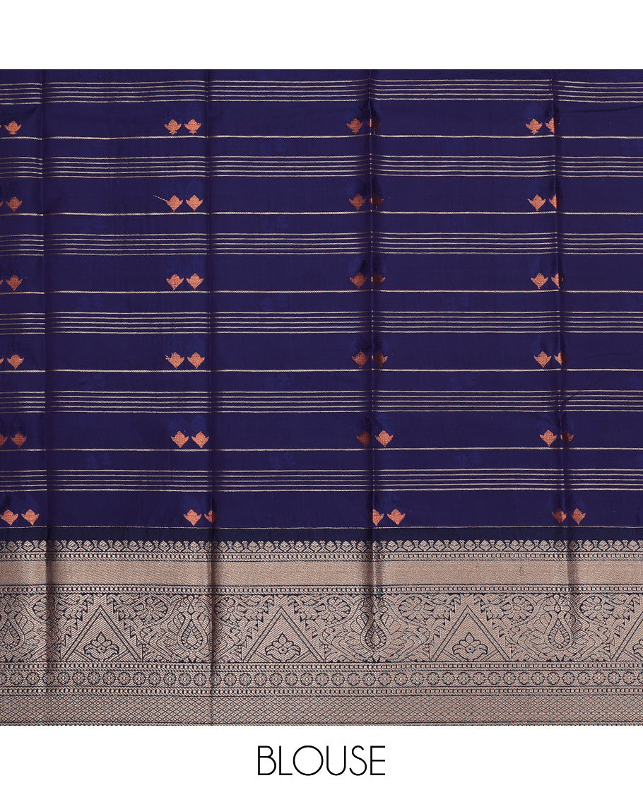 Blue art silk pavadai set, zari design with contrast traditional zari bordered skirt and a contrast zari design blouse