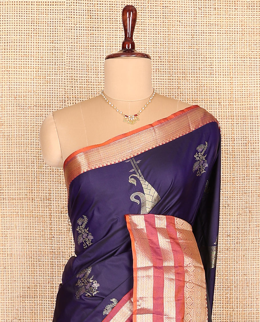 Blue zari buttas budget silk saree, contrast traditional zari varisai pettu border, and pallu of jaal design