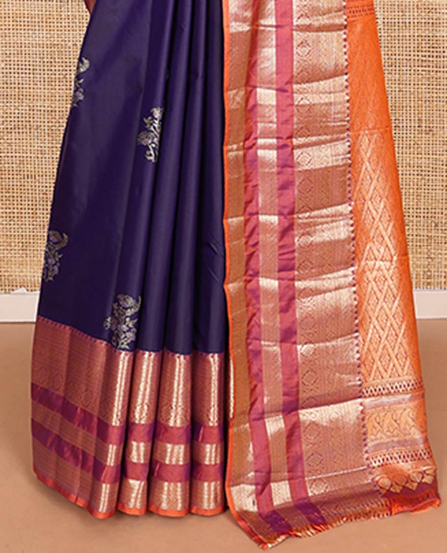 Blue zari buttas budget silk saree, contrast traditional zari varisai pettu border, and pallu of jaal design
