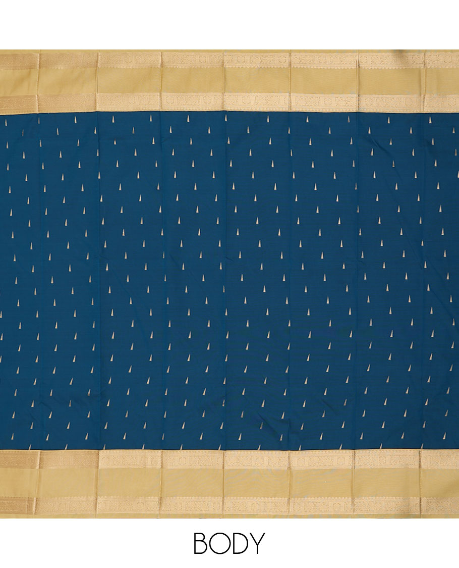 Blue triangle motifs gift saree, contrast traditional zari design border, and ogee patterned pallu