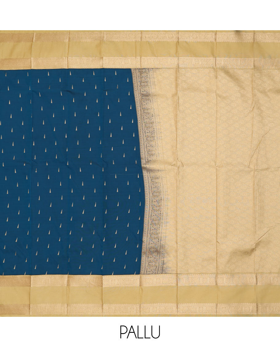 Blue triangle motifs gift saree, contrast traditional zari design border, and ogee patterned pallu