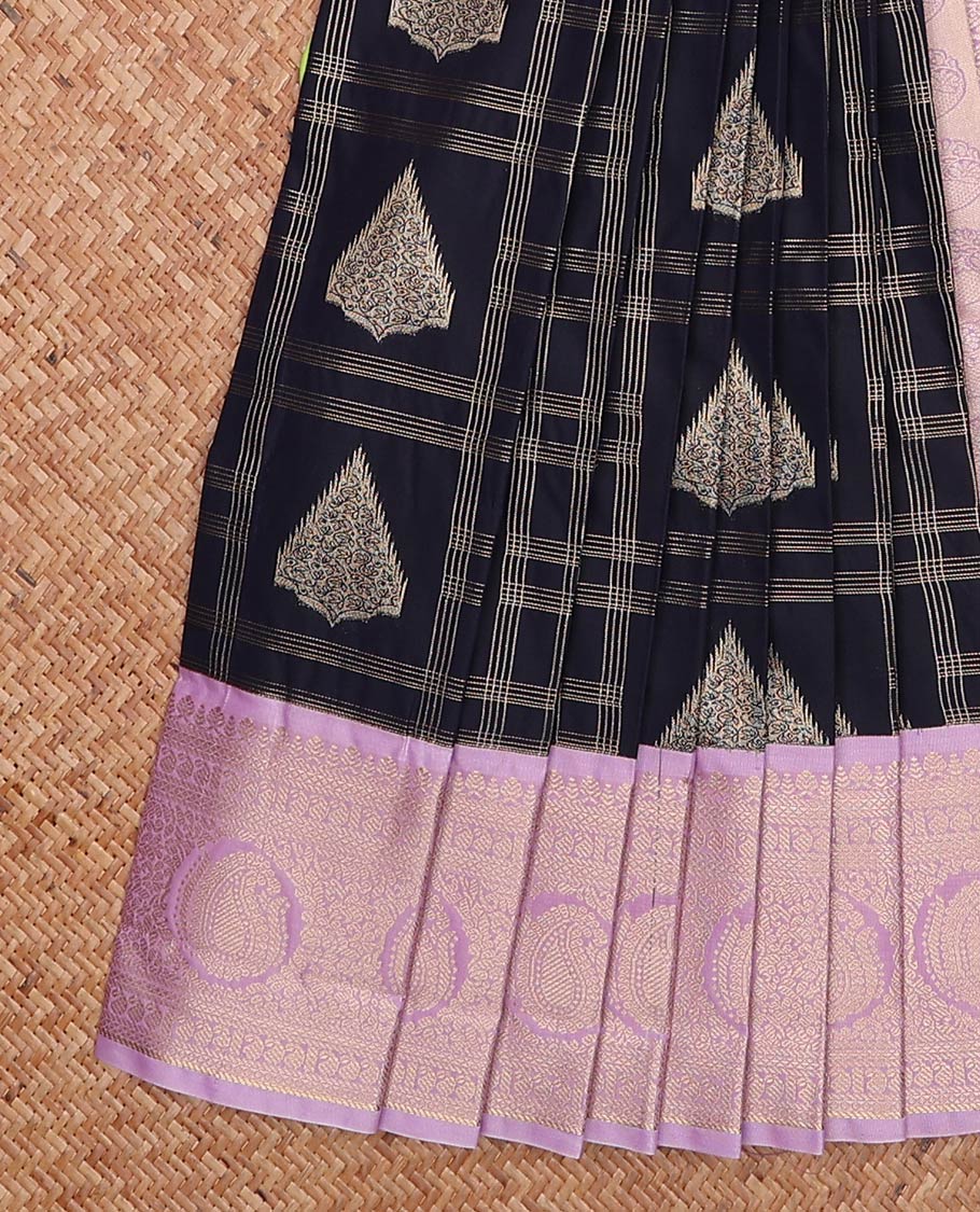 Navy blue zari butta enclosed checked gift saree, contrast traditional zari design woven border, and intricate pallu