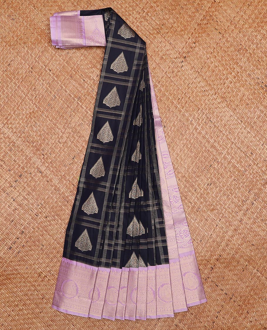 Navy blue zari butta enclosed checked gift saree, contrast traditional zari design woven border, and intricate pallu