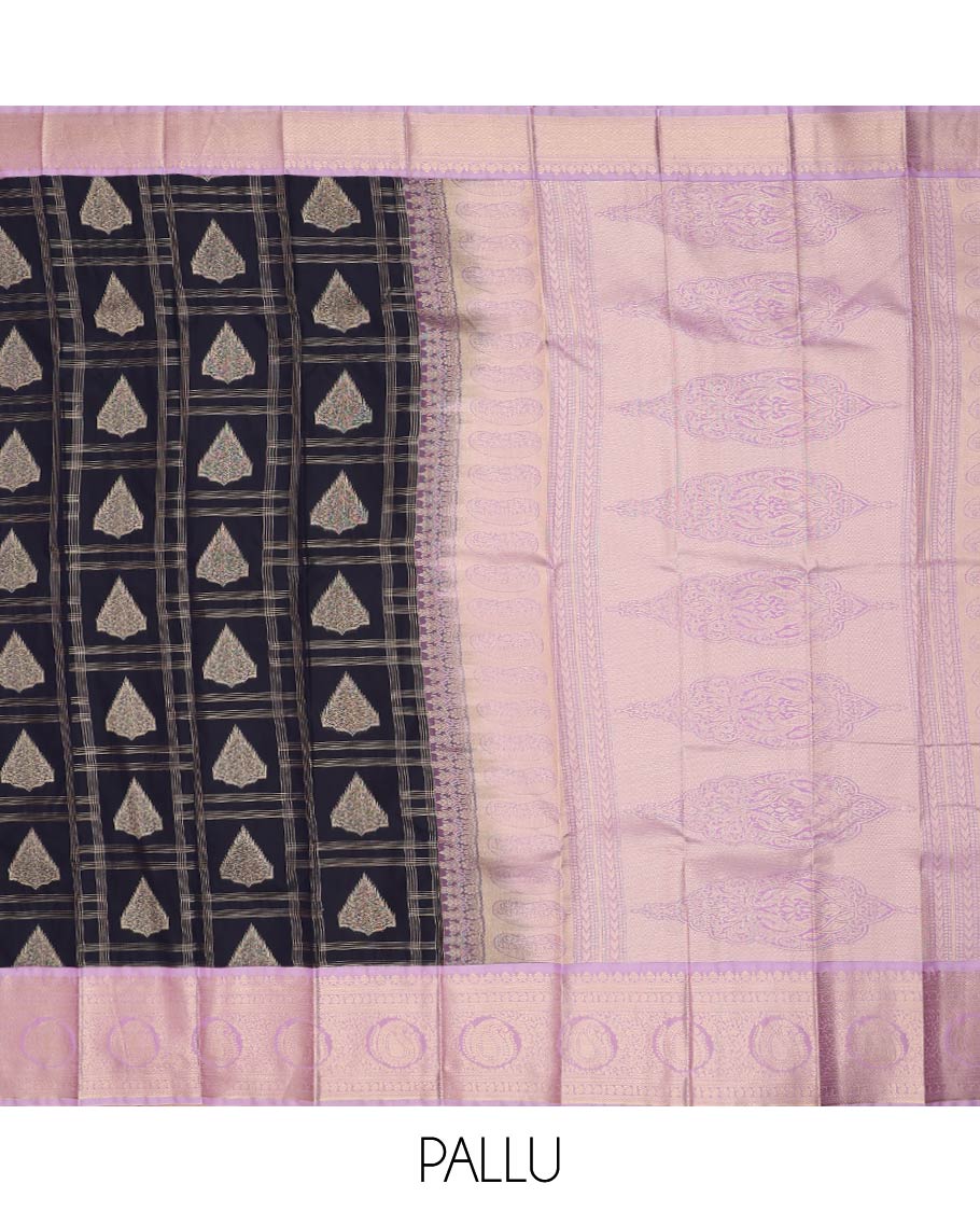Navy blue zari butta enclosed checked gift saree, contrast traditional zari design woven border, and intricate pallu