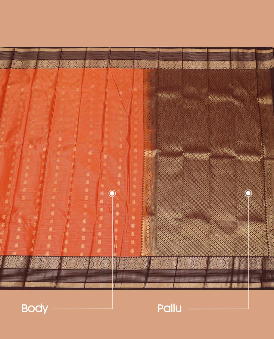 Orange Budget Silk Saree Accentuated with Zari Stripes and Paisley Buttas, Featuring a Contrast Traditional Zari Border with Floral Creeper Designs, Enriched with an Intricately Designed Pallu, and Paired with a Contrast Zari-Bordered Blouse