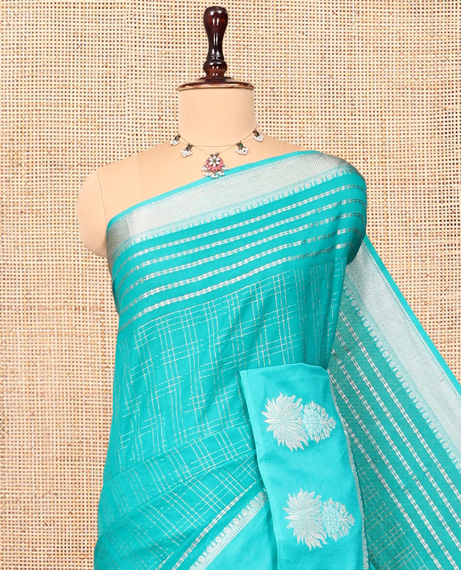 Blue Assam Silk Saree, Elevated with Zari Checks, Highlighted by a Traditional Border, Pallu of Floral Design, and a Matching Blouse
