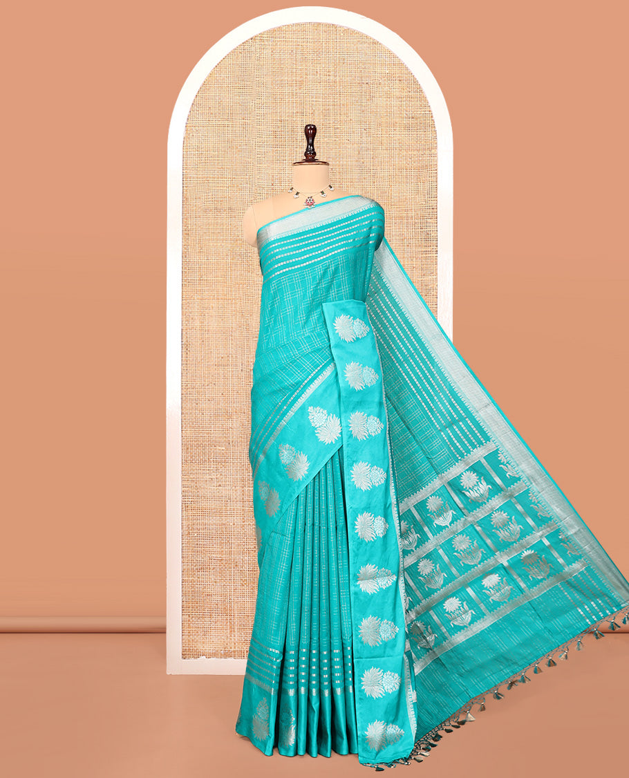 Blue Assam Silk Saree, Elevated with Zari Checks, Highlighted by a Traditional Border, Pallu of Floral Design, and a Matching Blouse