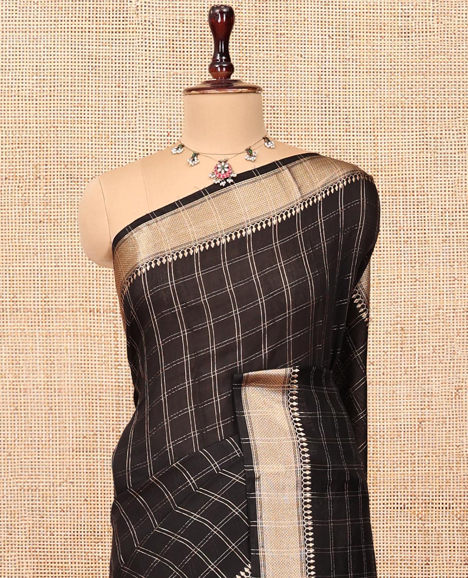 Black Assam Silk Saree, Majestically Detailed with Zari Checks, Highlighted by a Traditional Zari Border, Zari-Striped Pallu, and a Matching Blouse