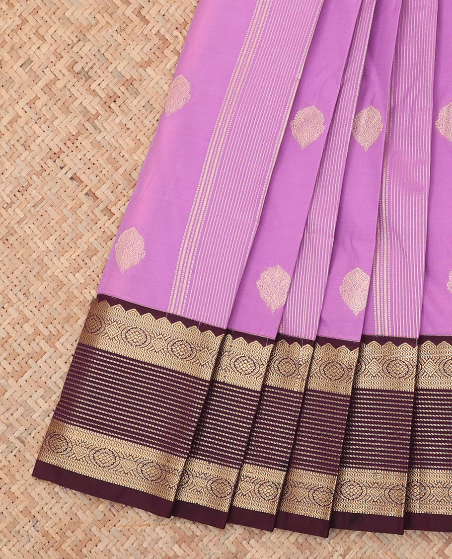 Lavender Budget Silk Saree, Embellished with Zari Buttas and Stripes, a Contrast Traditional Zari Border, Jaal Pallu, and a Contrast Blouse