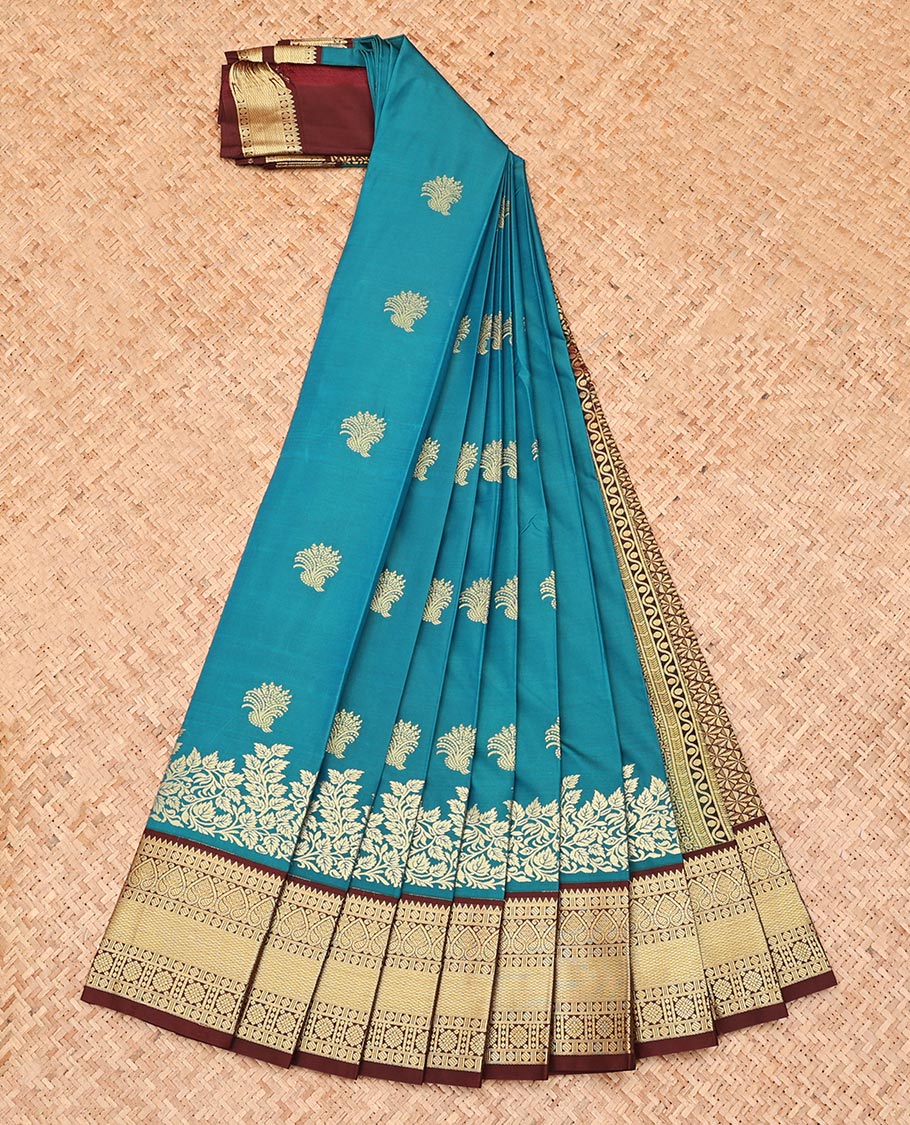 Blue Budget Silk Saree, Accentuated with Zari Buttas, Complemented by a Contrast Traditional Zari Border, Jaal Pallu, and a Contrast Blouse