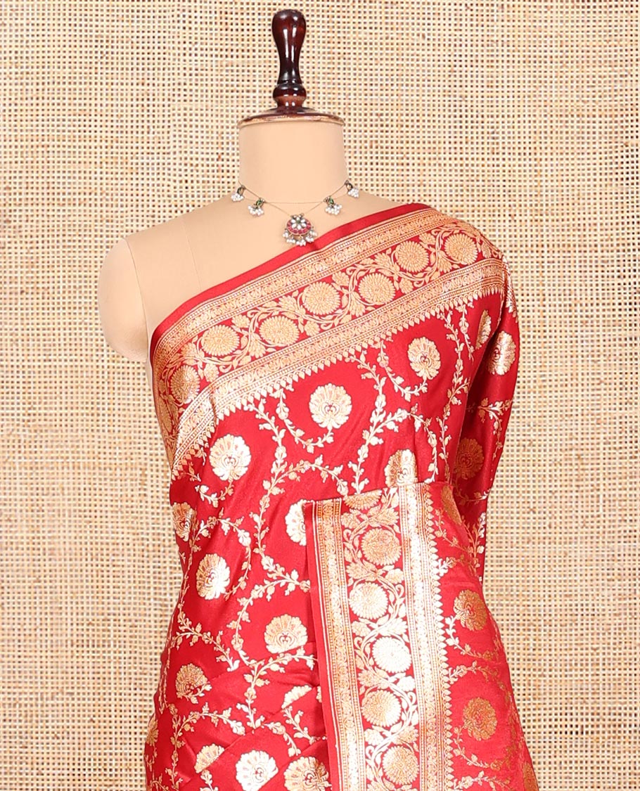 Red Banarasi Nylon Saree, Detailed with Jaal Jacquard, Floral Creeper Zari Border, Intricate Pallu, and a Matching Blouse
