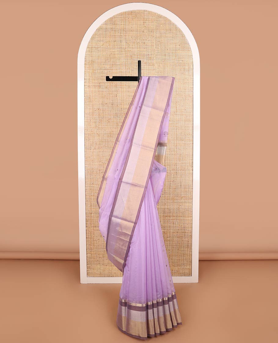 Lavender motifs chanderi cotton saree with contrast border & leaf motifs, striped pallu