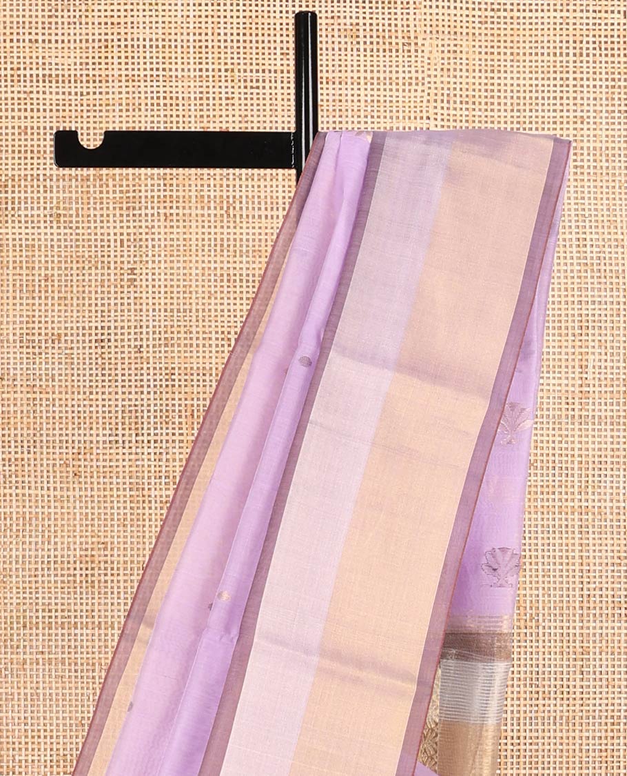 Lavender motifs chanderi cotton saree with contrast border & leaf motifs, striped pallu