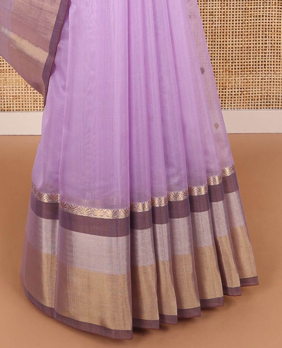 Lavender motifs chanderi cotton saree with contrast border & leaf motifs, striped pallu