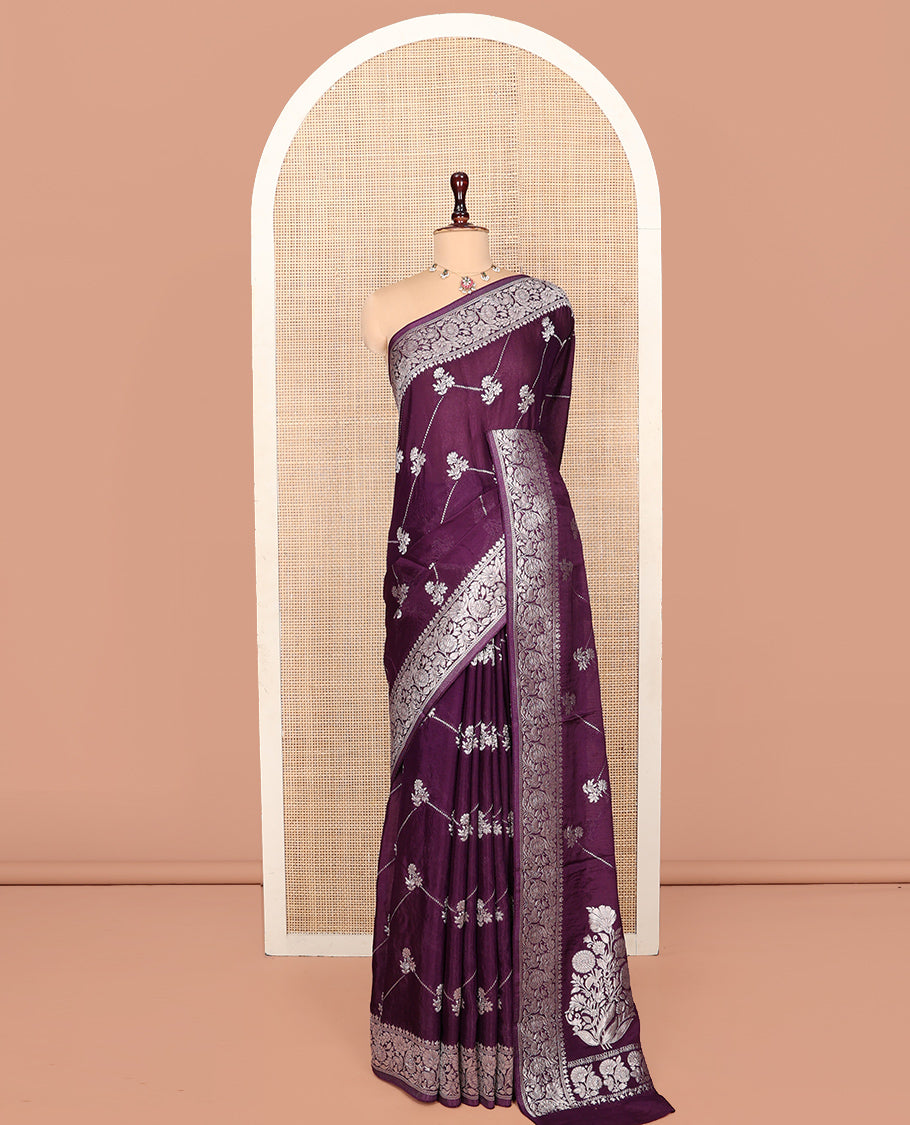 Purple Fancy Crepe Saree, Beautifully Bedecked with Floral and Chevron Stripes, a Floral Border, a Floral Design Pallu, and a Matching Blouse