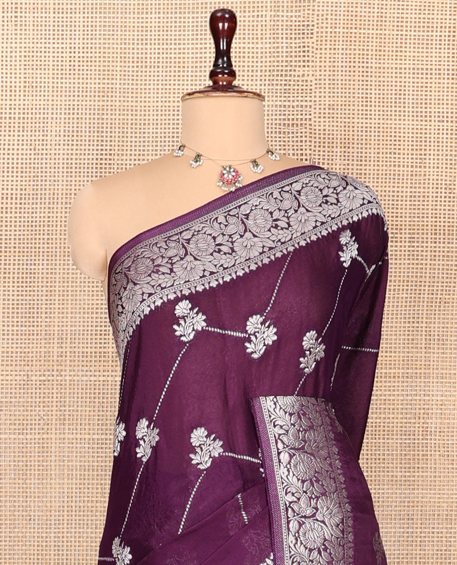Purple Fancy Crepe Saree, Beautifully Bedecked with Floral and Chevron Stripes, a Floral Border, a Floral Design Pallu, and a Matching Blouse