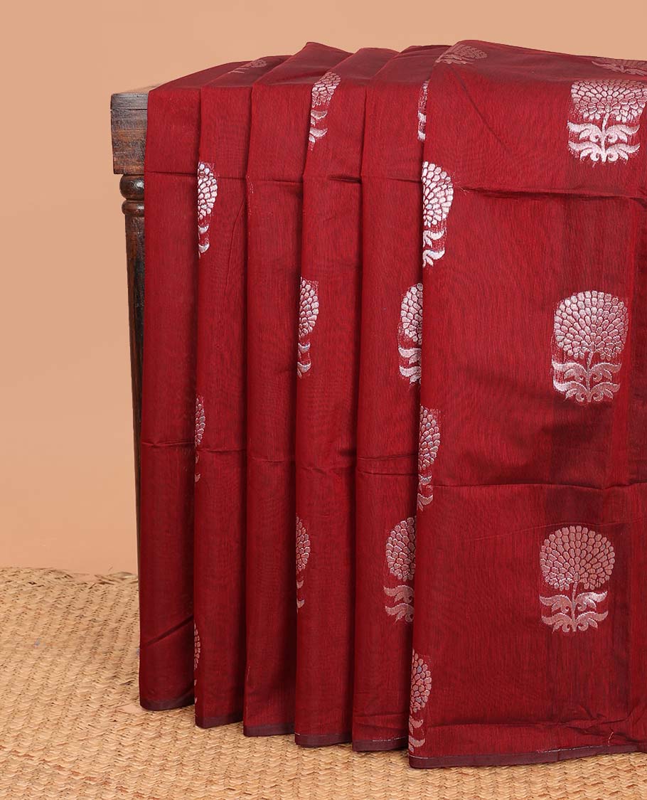 Borderless maroon flower zari buttas semi silk cotton saree, contrast jaal design pallu