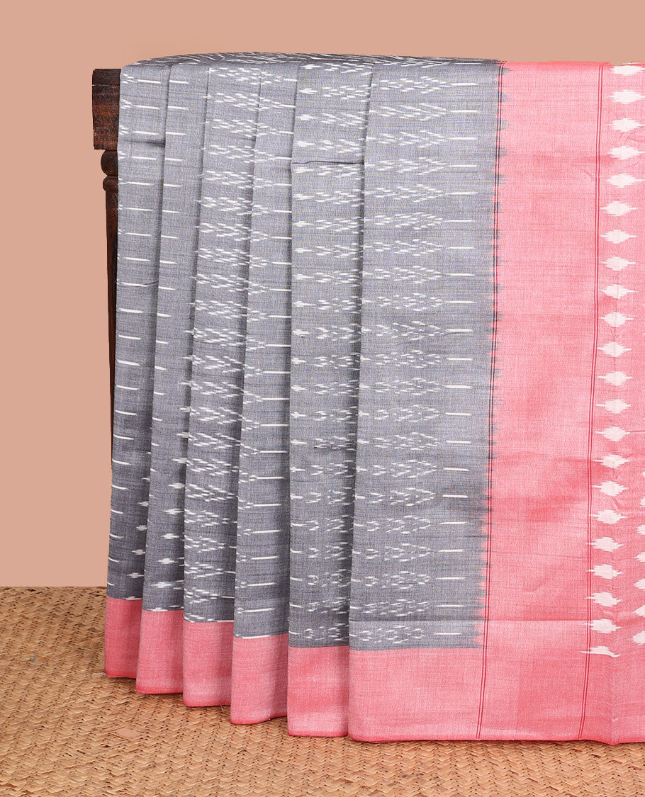 Grey buttas ikkat cotton saree, contrast plain border, and unique buttas pallu