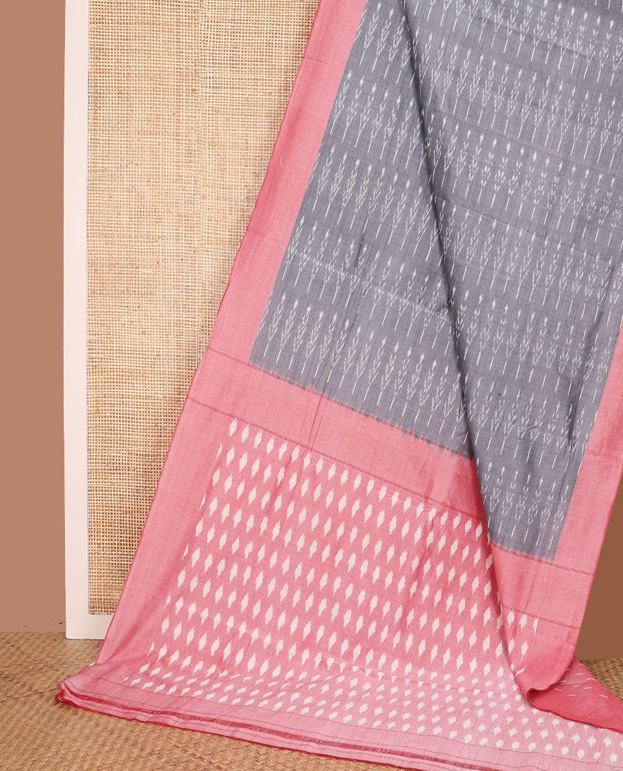 Grey buttas ikkat cotton saree, contrast plain border, and unique buttas pallu
