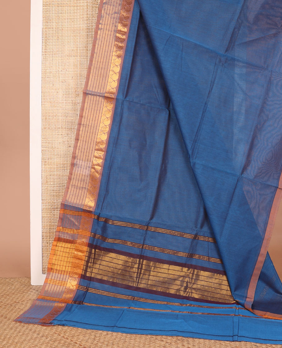 Blue plain Venkatagiri cotton saree, contrast traditional zari border of paisleys, and striped pallu