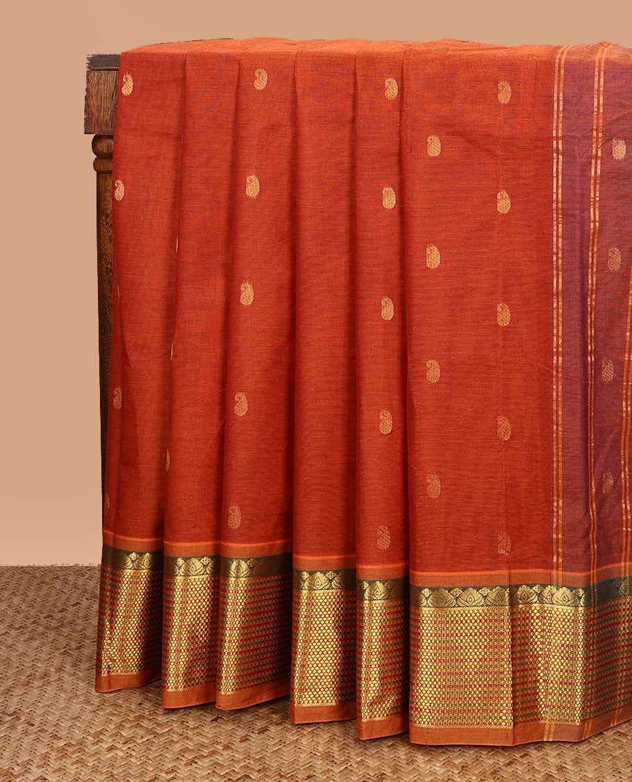 Orange paisley buttas Venkatagiri cotton saree, contrast traditional zari border, and pallu of zari stripes and paisley buttas