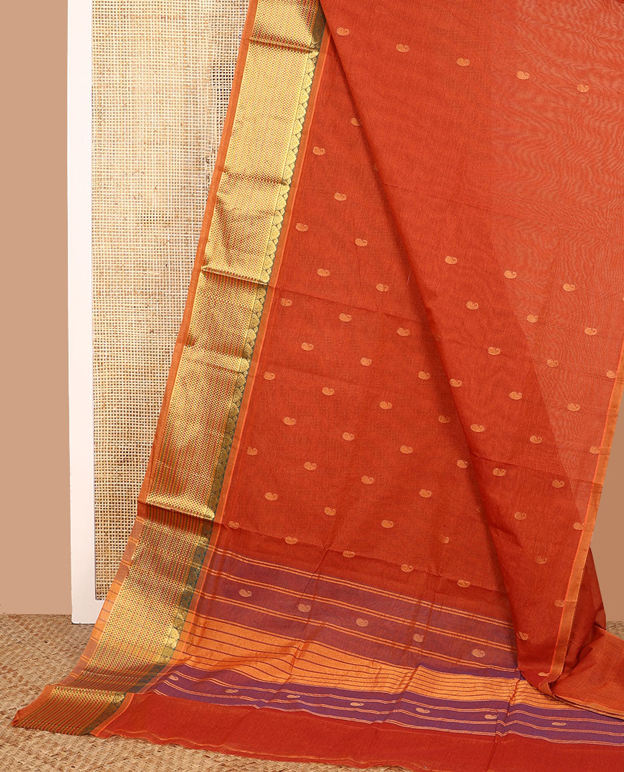 Orange paisley buttas Venkatagiri cotton saree, contrast traditional zari border, and pallu of zari stripes and paisley buttas