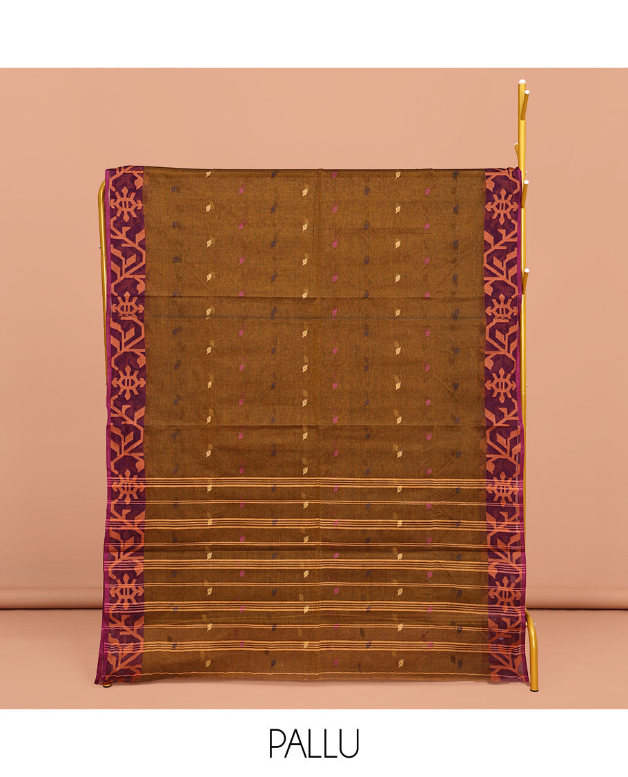 Brown Bengal Cotton Saree, Elevated with Thread Buttas All Over Its Body, Complemented by a Contrast Border of Jamdani-Style Floral Creeper Designs, Pallu of Stripes and Buttas, and Paired with a Matching Blouse