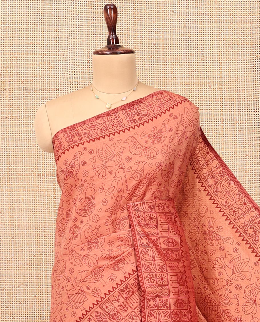 Peach Poly Cotton Saree, Steeped with Birds, a Subtle Printed Border, Printed Pallu, and a Matching Blouse