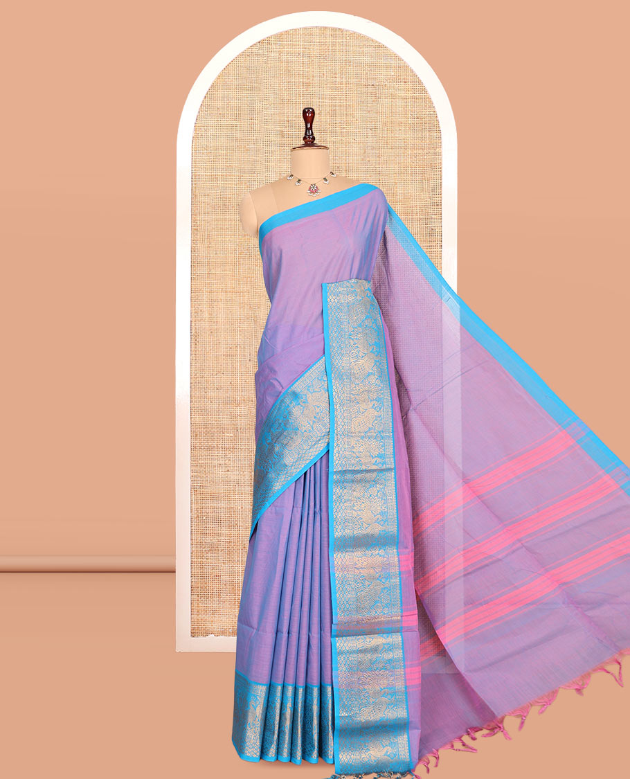 Lavender Plain Chettinad Cotton Saree, Complemented by a Contrast Peacock Zari Border, Striped Pallu, and a Matching Blouse