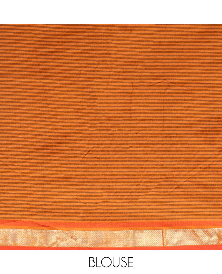 Brown checked poly cotton saree with contrast zari design border & pallu of checks