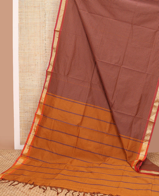Brown checked poly cotton saree with contrast zari design border & pallu of checks
