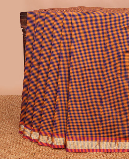 Brown checked poly cotton saree with contrast zari design border & pallu of checks