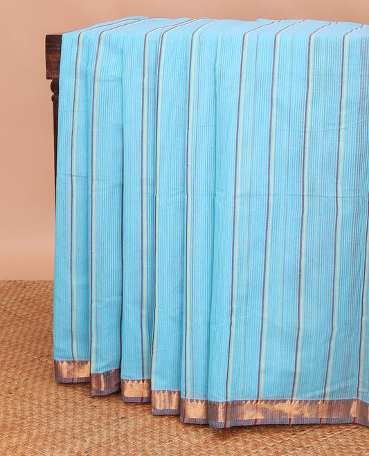 blue striped mangalagiri cotton saree with contrast zari design border & pallu of stripes