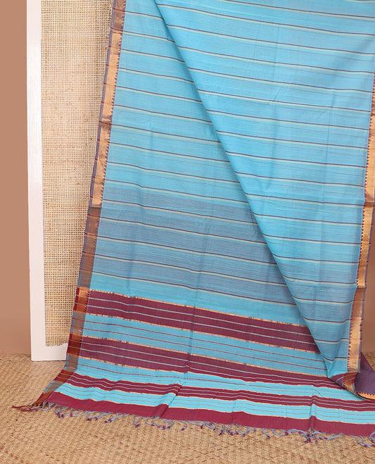 blue striped mangalagiri cotton saree with contrast zari design border & pallu of stripes