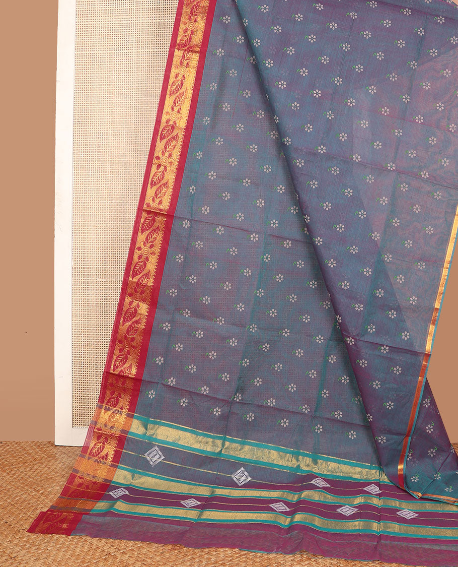 Blue floral motifs printed Andhra cotton saree, contrast floral zari border & pallu of diamond print & zari stripes