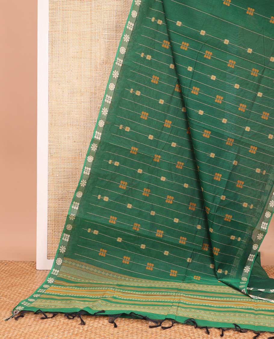 Green floral stripes Coimbatore cotton saree, contrast butta border, and pallu steeped with traditional designs