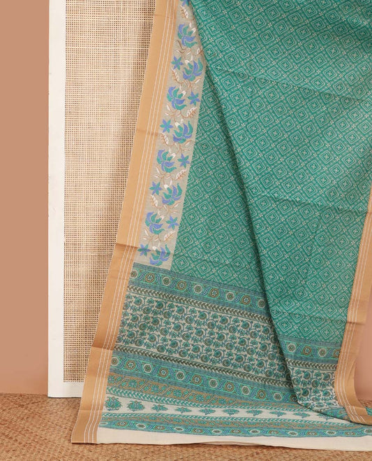 Blue diamond patterned chanderi cotton saree, contrast traditional border of floral multi-color thread embroidery, and printed pallu