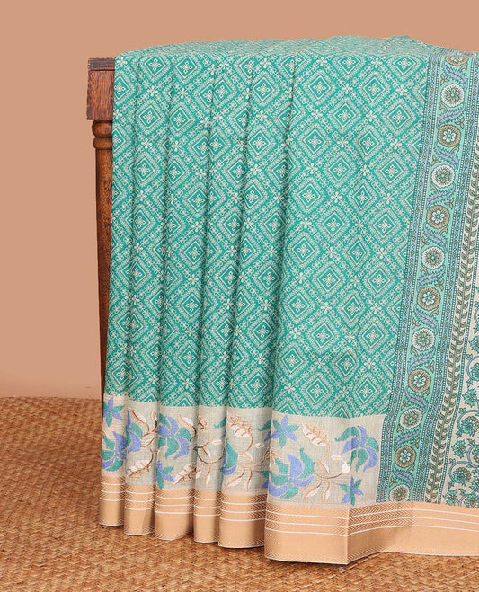 Blue diamond patterned chanderi cotton saree, contrast traditional border of floral multi-color thread embroidery, and printed pallu