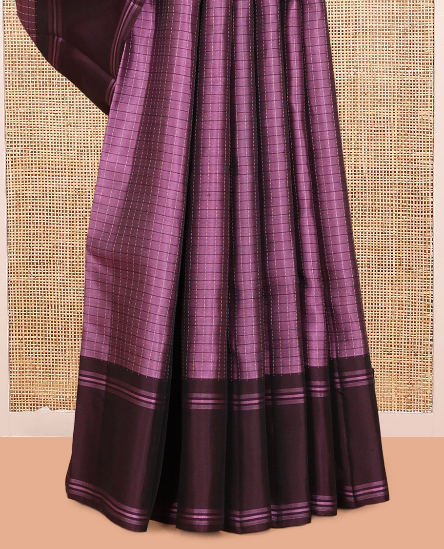 Pink-Brown Checked Mayuri Lite Silk Mix Saree, Contrast Bodi Border, Vanki Pallu, and Contrast Blouse