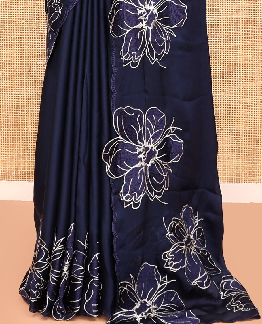 Navy Satin Organza Saree, Steeped in the Prettiness of Floral Embroidery, Floral Embroidered Scallop Border, and a Matching Blouse
