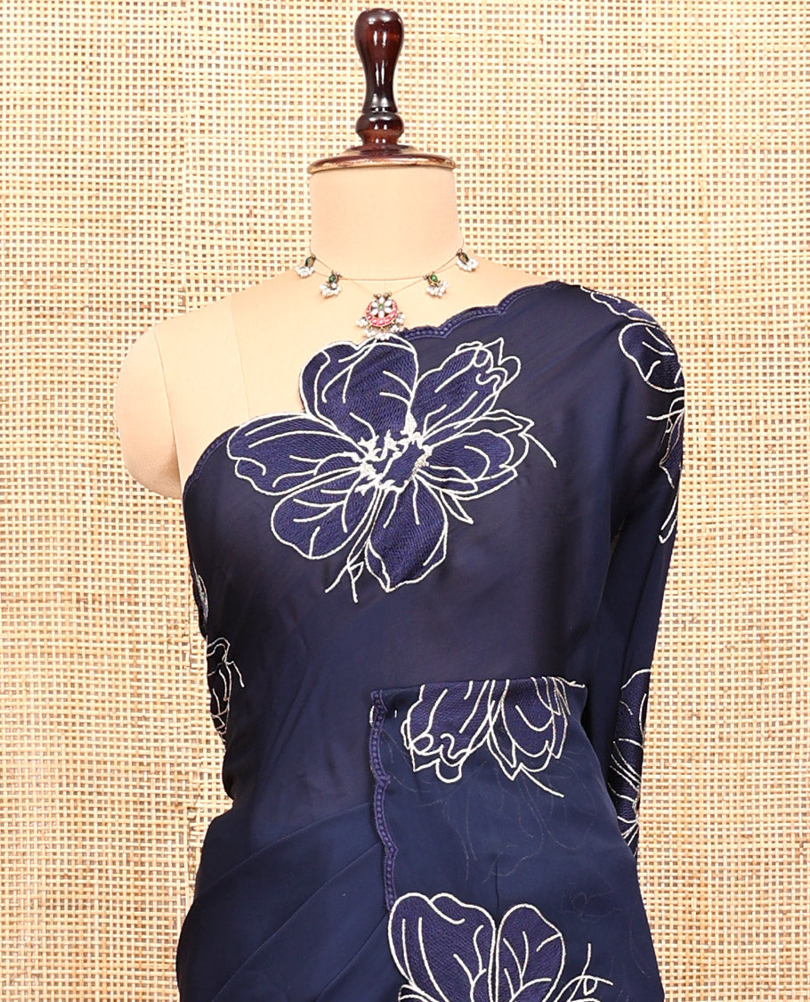 Navy Satin Organza Saree, Steeped in the Prettiness of Floral Embroidery, Floral Embroidered Scallop Border, and a Matching Blouse
