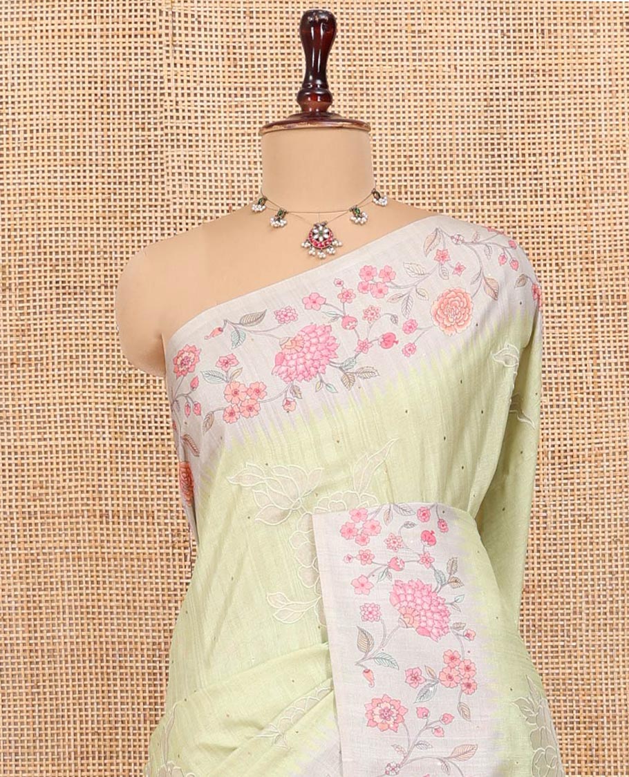 Mint Green Fancy Tussar Silk Saree, Gleamed Up with Zari Buttas, and Applique Embroidery on Its Body, Complemented by a Contrast Temple Floral Creeper Printed Border, Pallu of Floral Creeper Print, and Paired with a Contrast Blouse