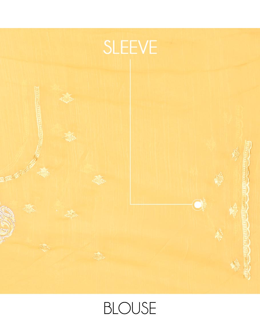 Yellow embroidered designer saree features peacock motifs in micro-stone, scallop thread & stone embroidery border