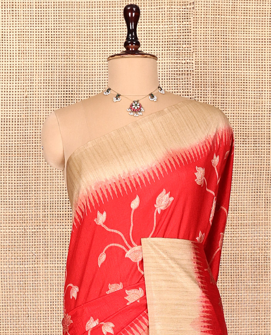 Red Dupion Silk Saree, Artfully Detailed with Pichwai Lotus Vine, Complemented by Contrast Temple Border, Pallu of Pichwai Lotus Motifs, and a Contrast Blouse