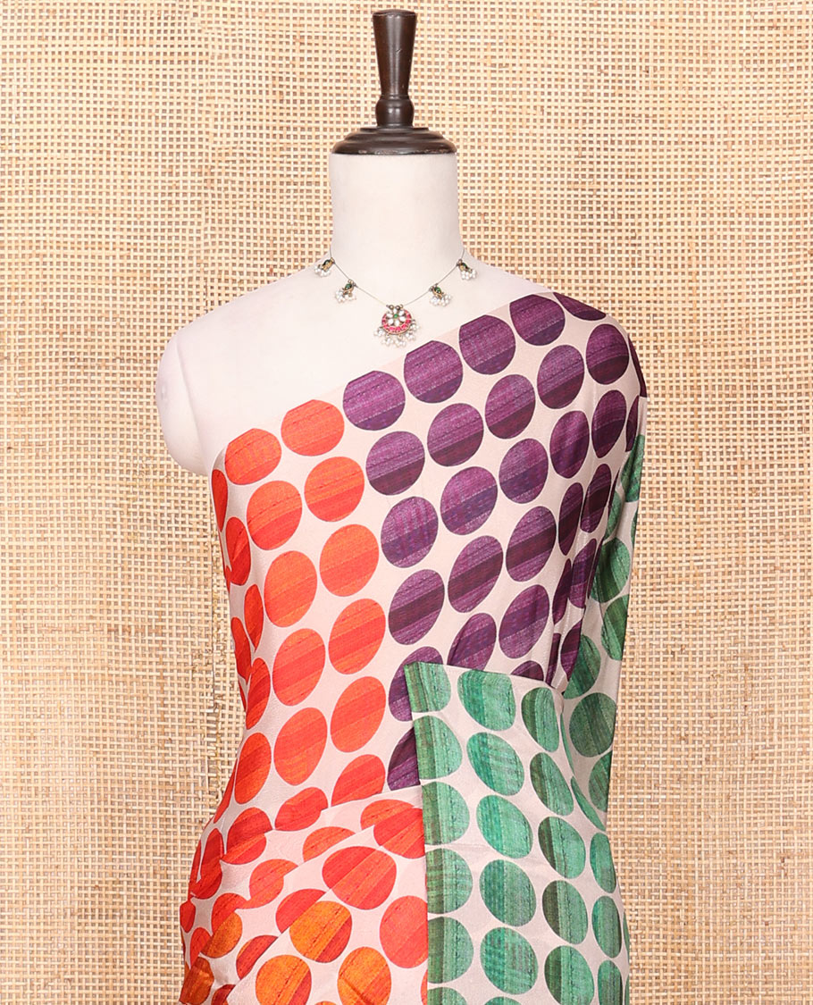 Borderless Multi-Color Georgette Saree Steeped with Circle Motifs All Over Its Body, Complemented by a Contrast Pallu of Different Geometric Motif Prints, and Paired with a Contrast Geometric Printed Blouse