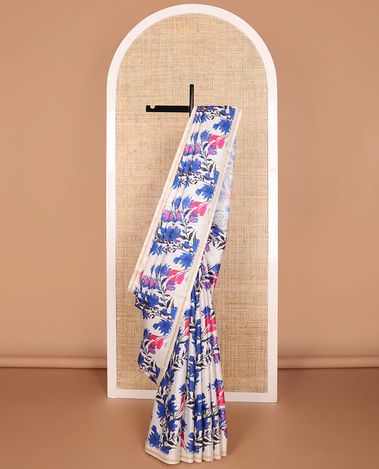 Cream floral print kamala silk saree with self zari border & checked blouse